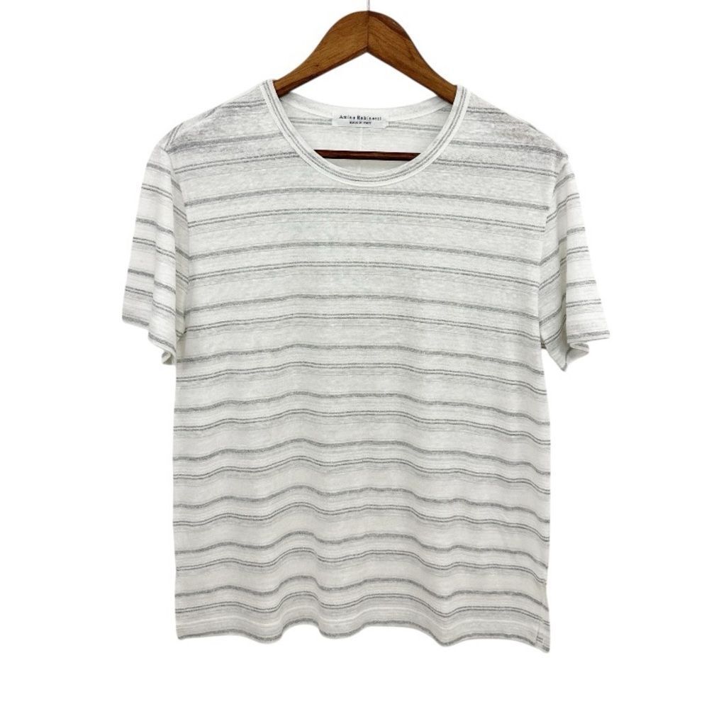 Amina Rubinacci Stripe Short Sleeve Linen Blend Top Gray White Size Large